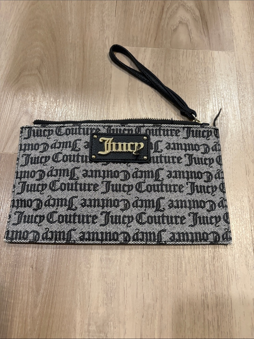 Juicy Couture Black & White Logo Wristlet Clutch with Gold Plaque